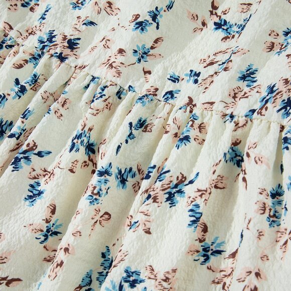 B268 Beige Floral Puff Short Sleeve Empire Waist Mini Dress - Picture 13 of 13